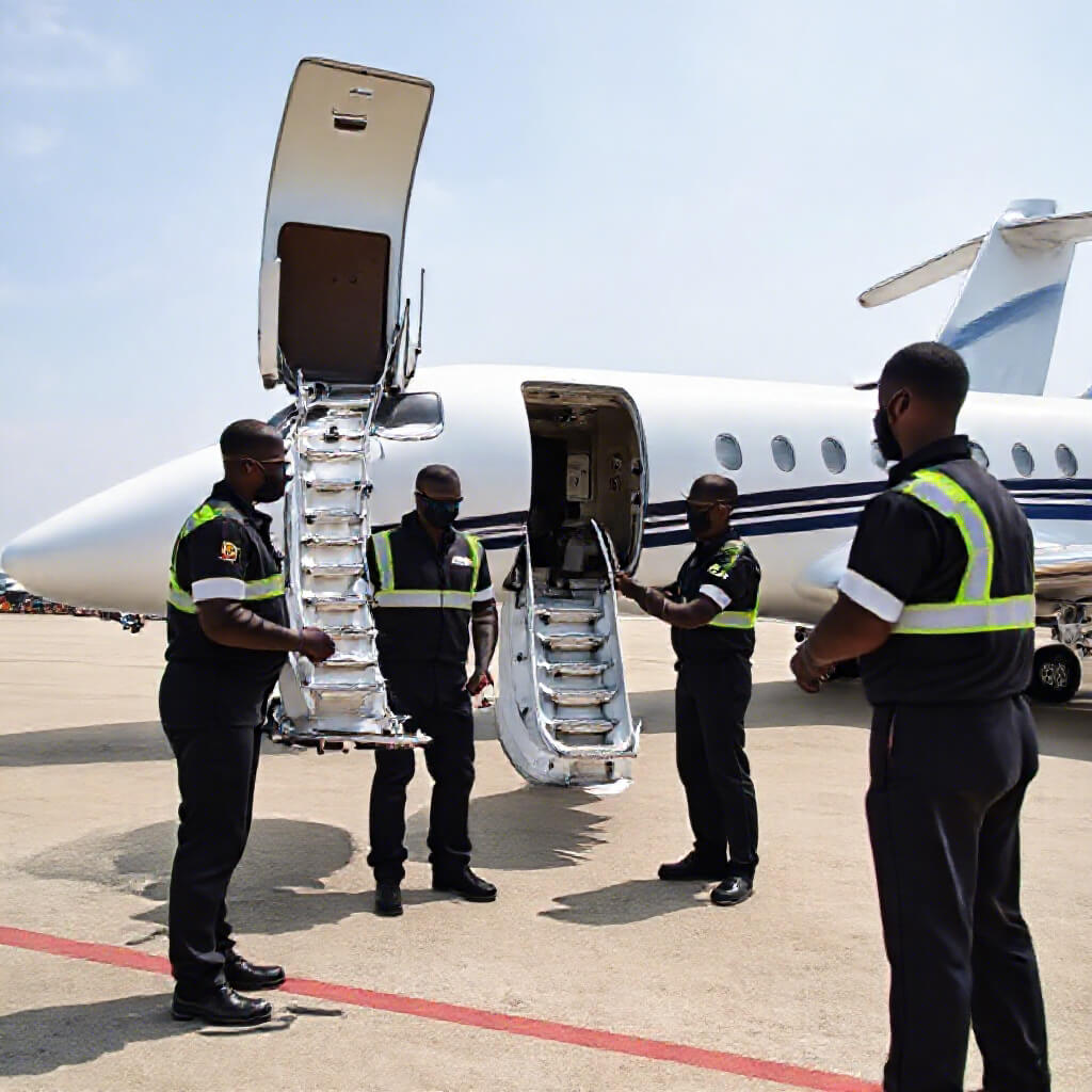 black men provided services by the airside team are:Aircraft Handling    Aircraft security categories of special loads    Cabin appearance    Aircraft grooming    Headset operation    Fuel, landing permits, met folder facilitation on behalf of adhoc charter flights